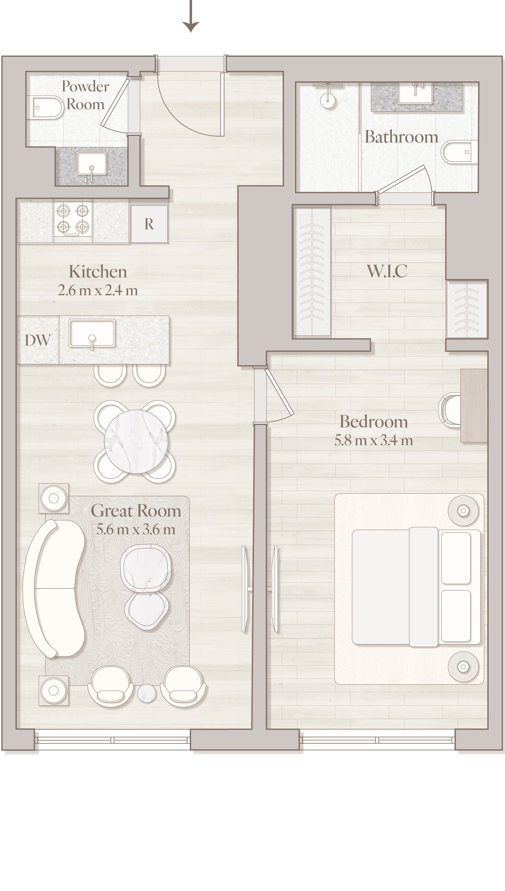 Floor plan of a one-bedroom residence: great room, kitchen, bedroom, bathroom and powder room